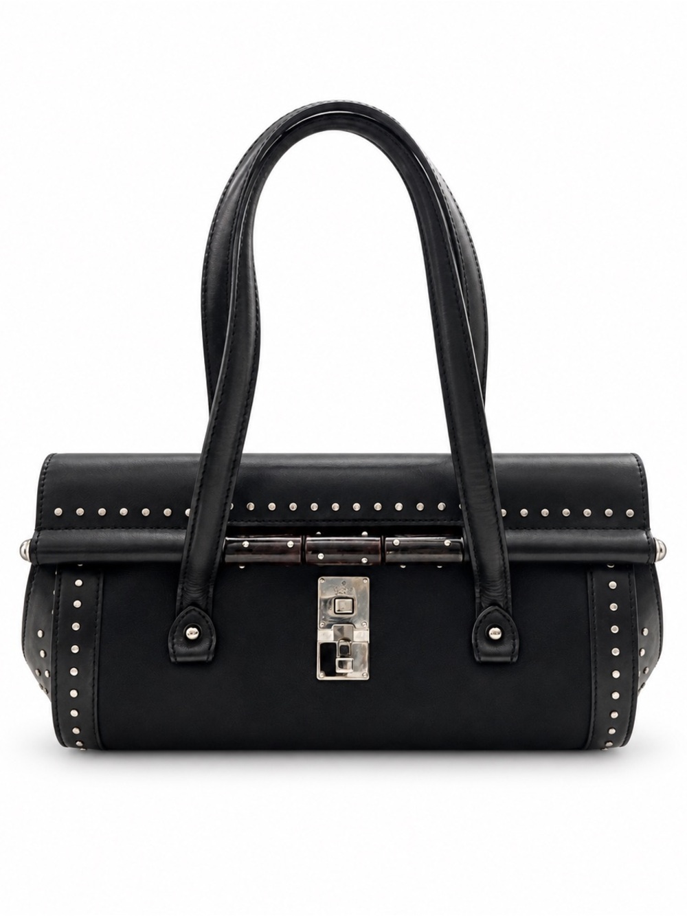Gucci Black Leather Studded Bamboo Top-Handle Handbag